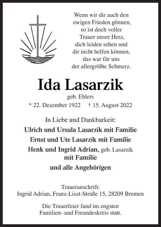 Traueranzeige von Ida Lasarzik von Neue Osnabrücker Zeitung GmbH & Co. KG