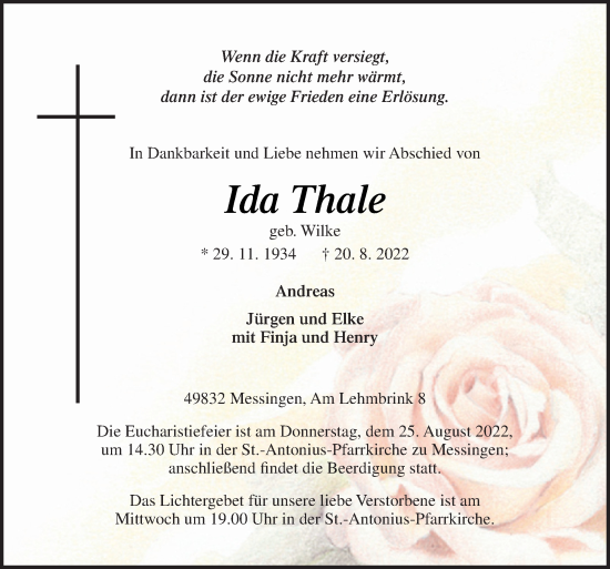 Traueranzeige von Ida Thale von Neue Osnabrücker Zeitung GmbH & Co. KG