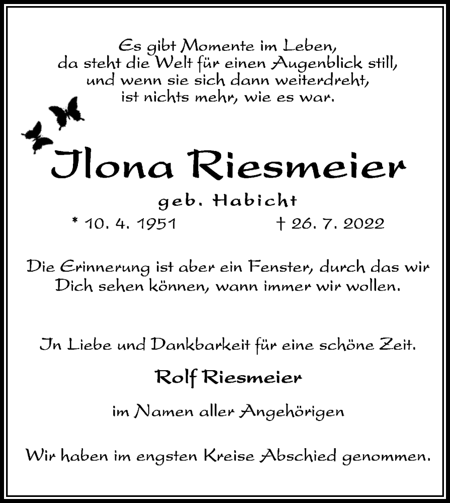  Traueranzeige für Ilona Riesmeier vom 06.08.2022 aus DK Medien GmbH & Co. KG