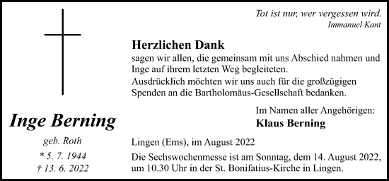 Traueranzeige von Inge Berning von Neue Osnabrücker Zeitung GmbH & Co. KG