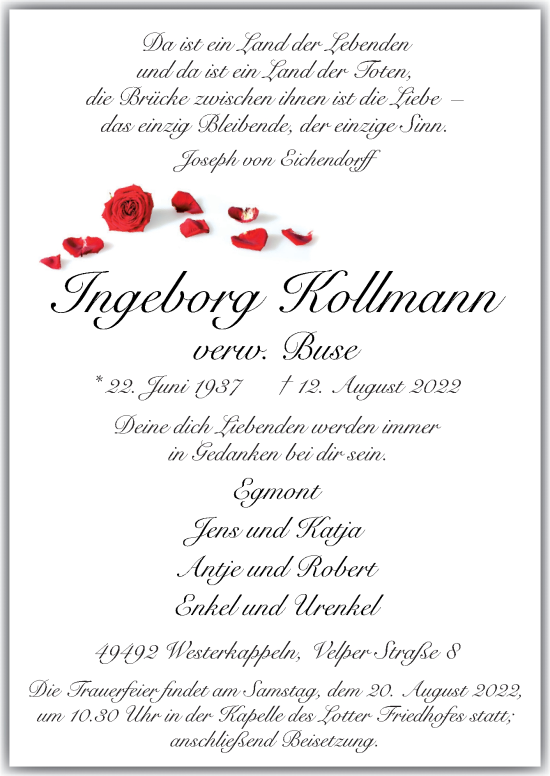 Traueranzeige von Ingeborg Kollmann von Neue Osnabrücker Zeitung GmbH & Co. KG