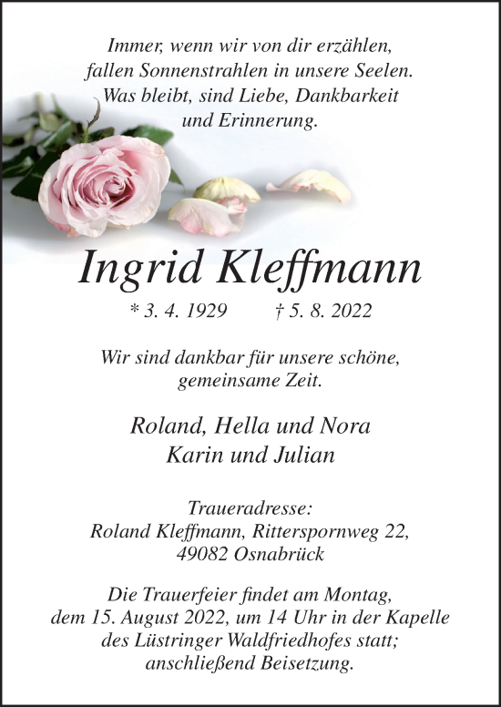 Traueranzeige von Ingrid Kleffmann von Neue Osnabrücker Zeitung GmbH & Co. KG