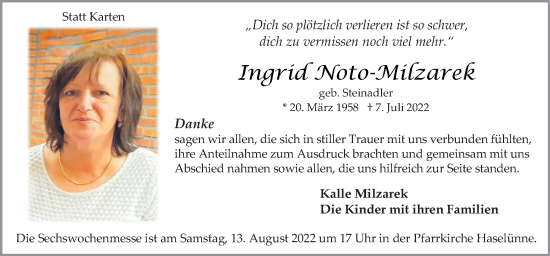 Traueranzeige von Ingrid Noto-Milzarek von Neue Osnabrücker Zeitung GmbH & Co. KG