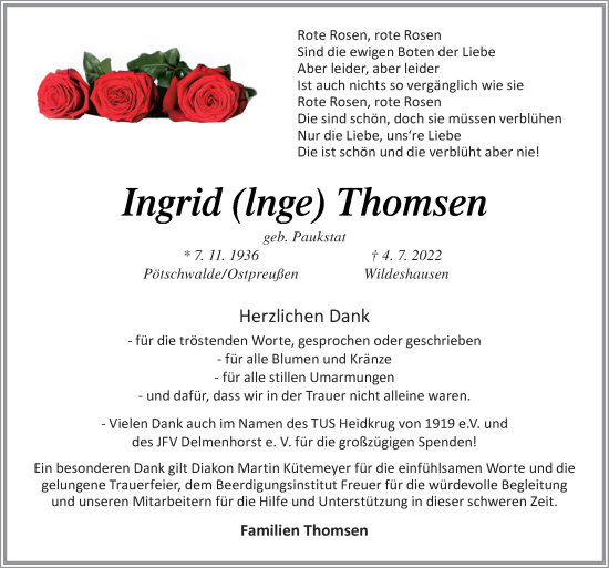 Traueranzeige von Ingrid Thomsen von DK Medien GmbH & Co. KG