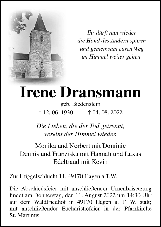 Traueranzeige von Irene Dransmann von Neue Osnabrücker Zeitung GmbH & Co. KG