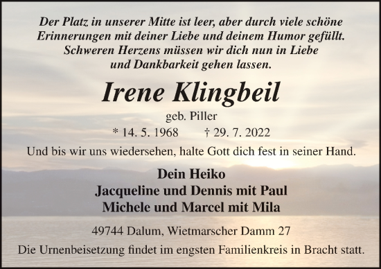 Traueranzeige von Irene Klingbeil von Neue Osnabrücker Zeitung GmbH & Co. KG