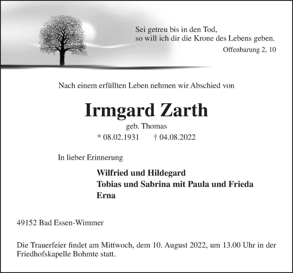  Traueranzeige für Irmgard Zarth vom 06.08.2022 aus Neue Osnabrücker Zeitung GmbH & Co. KG