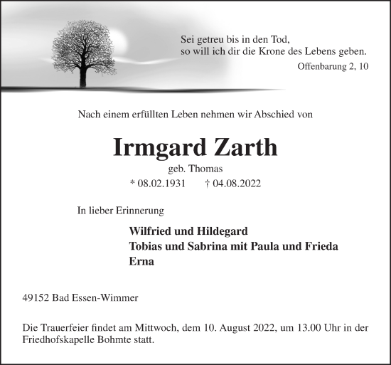 Traueranzeige von Irmgard Zarth von Neue Osnabrücker Zeitung GmbH & Co. KG