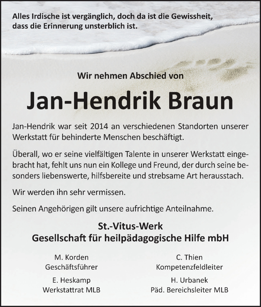  Traueranzeige für Jan-Hendrik Braun vom 04.08.2022 aus Neue Osnabrücker Zeitung GmbH & Co. KG