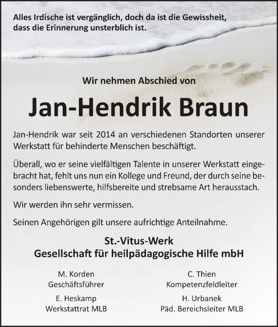 Traueranzeige von Jan-Hendrik Braun von Neue Osnabrücker Zeitung GmbH & Co. KG