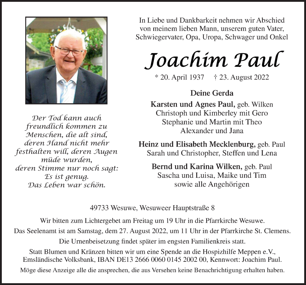  Traueranzeige für Joachim Paul vom 25.08.2022 aus Neue Osnabrücker Zeitung GmbH & Co. KG