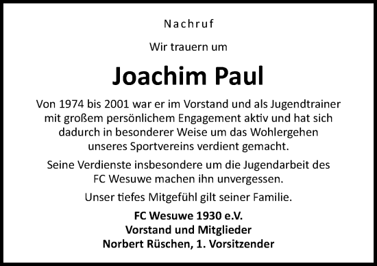 Traueranzeige von Joachim Paul von Neue Osnabrücker Zeitung GmbH & Co. KG