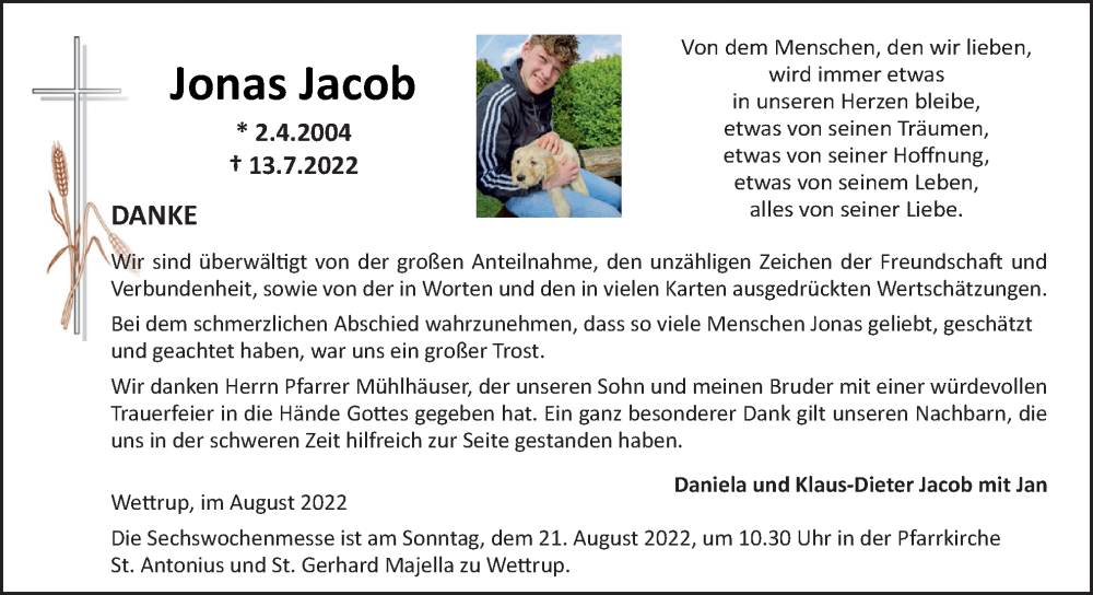  Traueranzeige für Jonas Jacob vom 17.08.2022 aus Neue Osnabrücker Zeitung GmbH & Co. KG