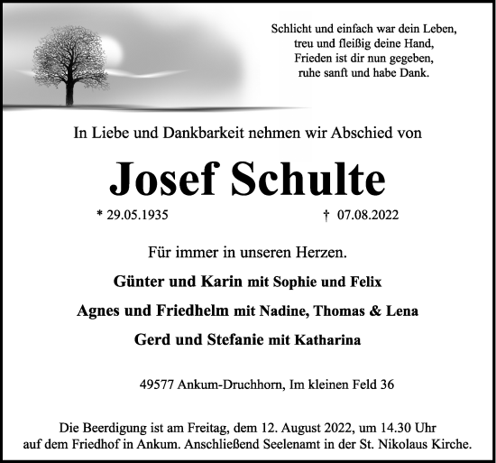 Traueranzeige von Josef Schulte von Neue Osnabrücker Zeitung GmbH & Co. KG