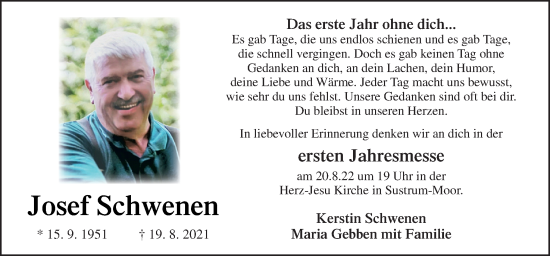 Traueranzeige von Josef Schwenen von Neue Osnabrücker Zeitung GmbH & Co. KG