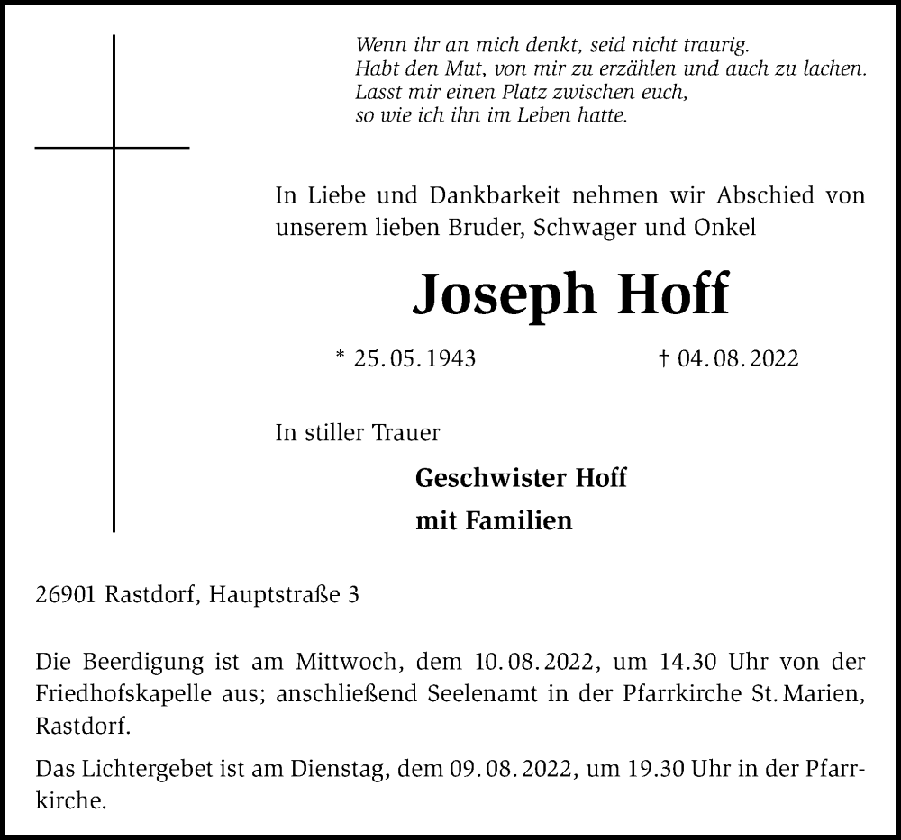  Traueranzeige für Joseph Hoff vom 06.08.2022 aus Neue Osnabrücker Zeitung GmbH & Co. KG
