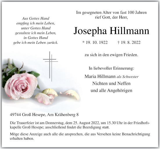 Traueranzeige von Josepha Hillmann von Neue Osnabrücker Zeitung GmbH & Co. KG