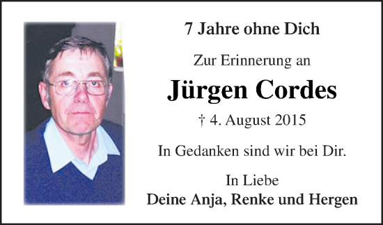 Traueranzeige von Jürgen Cordes von DK Medien GmbH & Co. KG