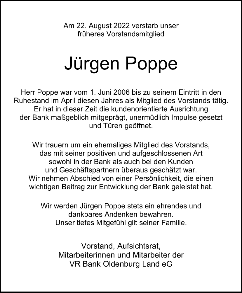  Traueranzeige für Jürgen Poppe vom 27.08.2022 aus DK Medien GmbH & Co. KG