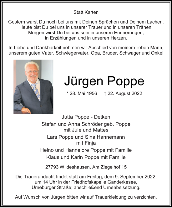 Traueranzeige von Jürgen Poppe von DK Medien GmbH & Co. KG