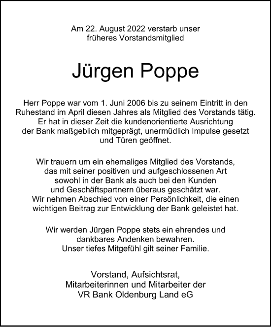 Traueranzeige von Jürgen Poppe von DK Medien GmbH & Co. KG