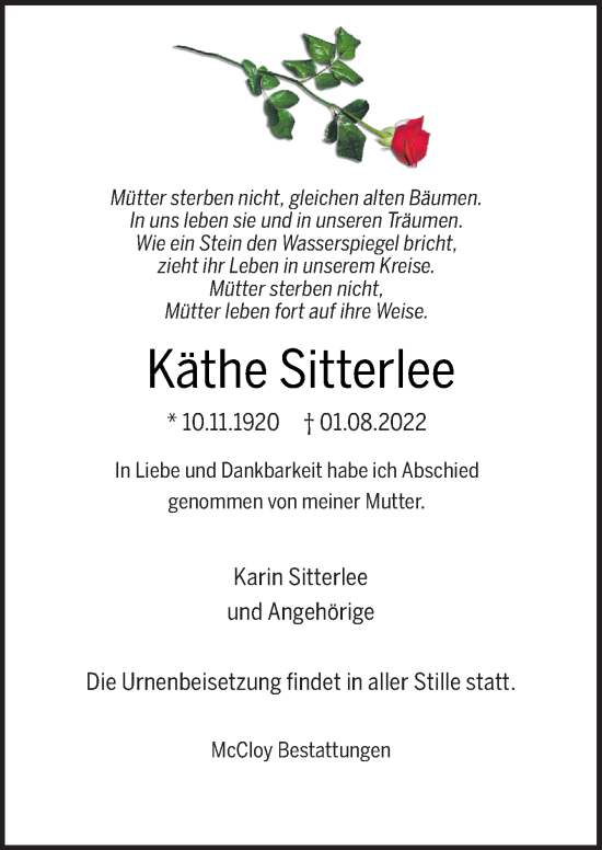 Traueranzeige von Käthe Sitterlee von DK Medien GmbH & Co. KG