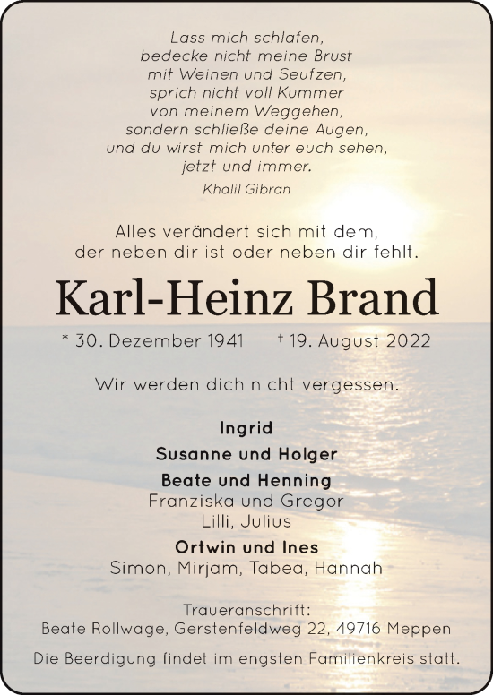 Traueranzeige von Karl-Heinz Brand von Neue Osnabrücker Zeitung GmbH & Co. KG