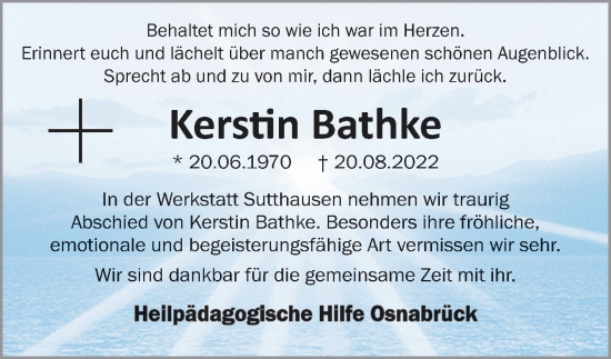 Traueranzeige von Kerstin Bathke von Neue Osnabrücker Zeitung GmbH & Co. KG