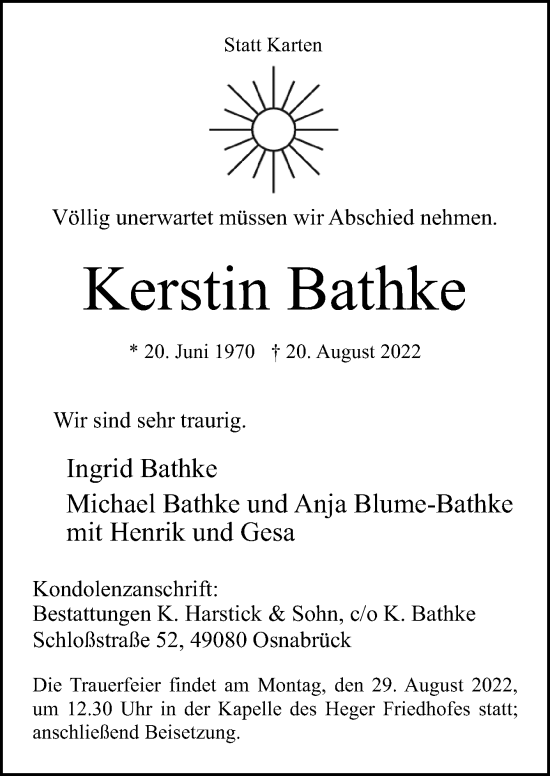 Traueranzeige von Kerstin Bathke von Neue Osnabrücker Zeitung GmbH & Co. KG