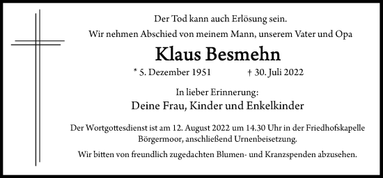 Traueranzeige von Klaus Besmehn von Neue Osnabrücker Zeitung GmbH & Co. KG