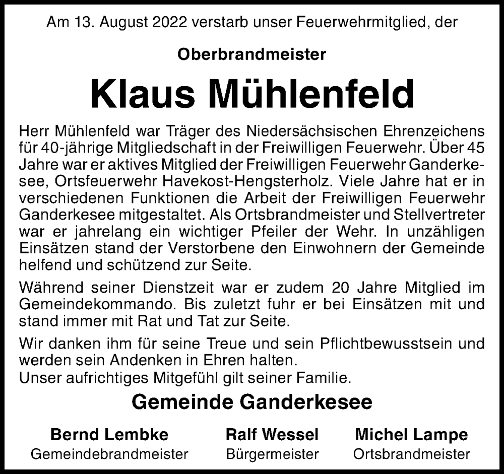  Traueranzeige für Klaus Mühlenfeld vom 25.08.2022 aus DK Medien GmbH & Co. KG