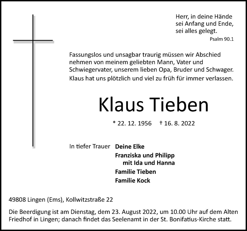  Traueranzeige für Klaus Tieben vom 20.08.2022 aus Neue Osnabrücker Zeitung GmbH & Co. KG