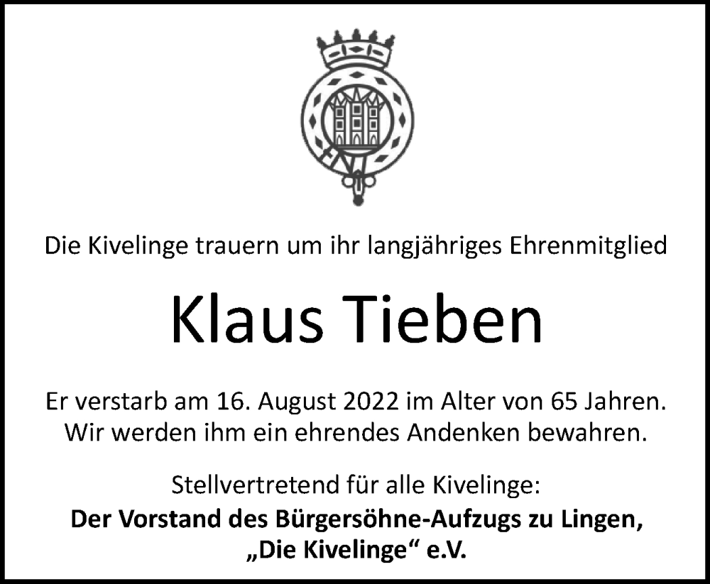  Traueranzeige für Klaus Tieben vom 22.08.2022 aus Neue Osnabrücker Zeitung GmbH & Co. KG