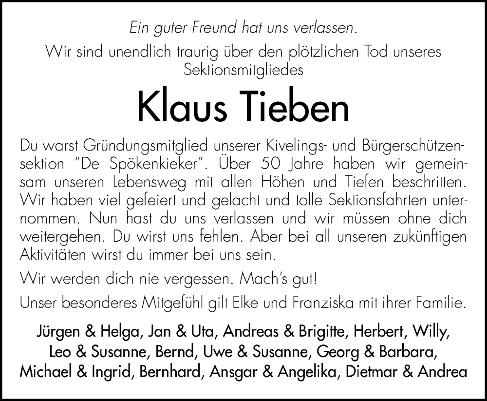  Traueranzeige für Klaus Tieben vom 27.08.2022 aus Neue Osnabrücker Zeitung GmbH & Co. KG