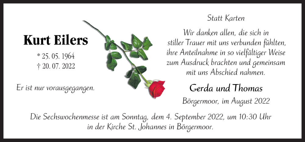  Traueranzeige für Kurt Eilers vom 31.08.2022 aus Neue Osnabrücker Zeitung GmbH & Co. KG