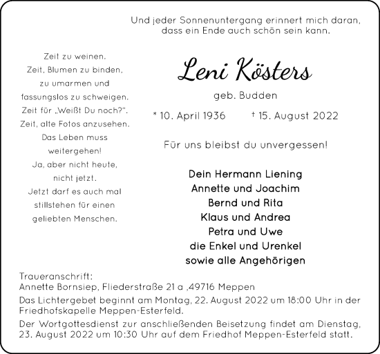 Traueranzeige von Leni Kösters von Neue Osnabrücker Zeitung GmbH & Co. KG