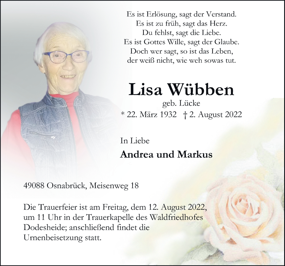  Traueranzeige für Lisa Wübben vom 06.08.2022 aus Neue Osnabrücker Zeitung GmbH & Co. KG