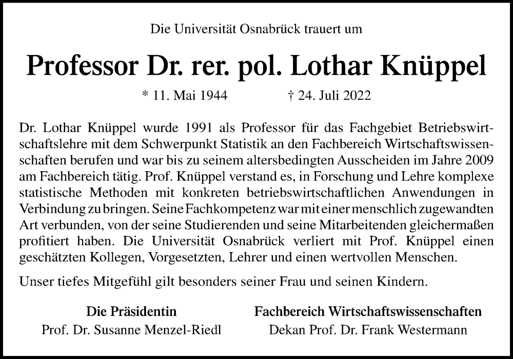  Traueranzeige für Lothar Knüppel vom 06.08.2022 aus Neue Osnabrücker Zeitung GmbH & Co. KG