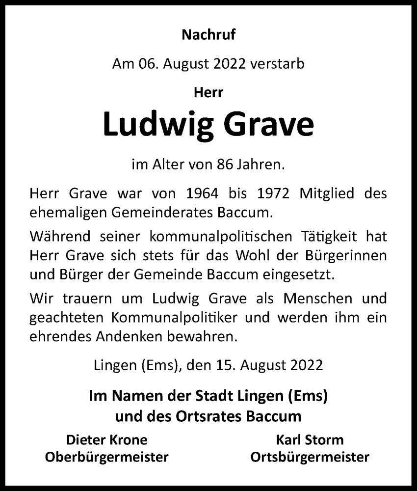  Traueranzeige für Ludwig Grave vom 15.08.2022 aus Neue Osnabrücker Zeitung GmbH & Co. KG