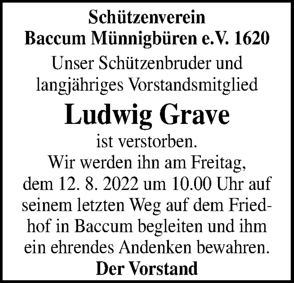  Traueranzeige für Ludwig Grave vom 11.08.2022 aus Neue Osnabrücker Zeitung GmbH & Co. KG