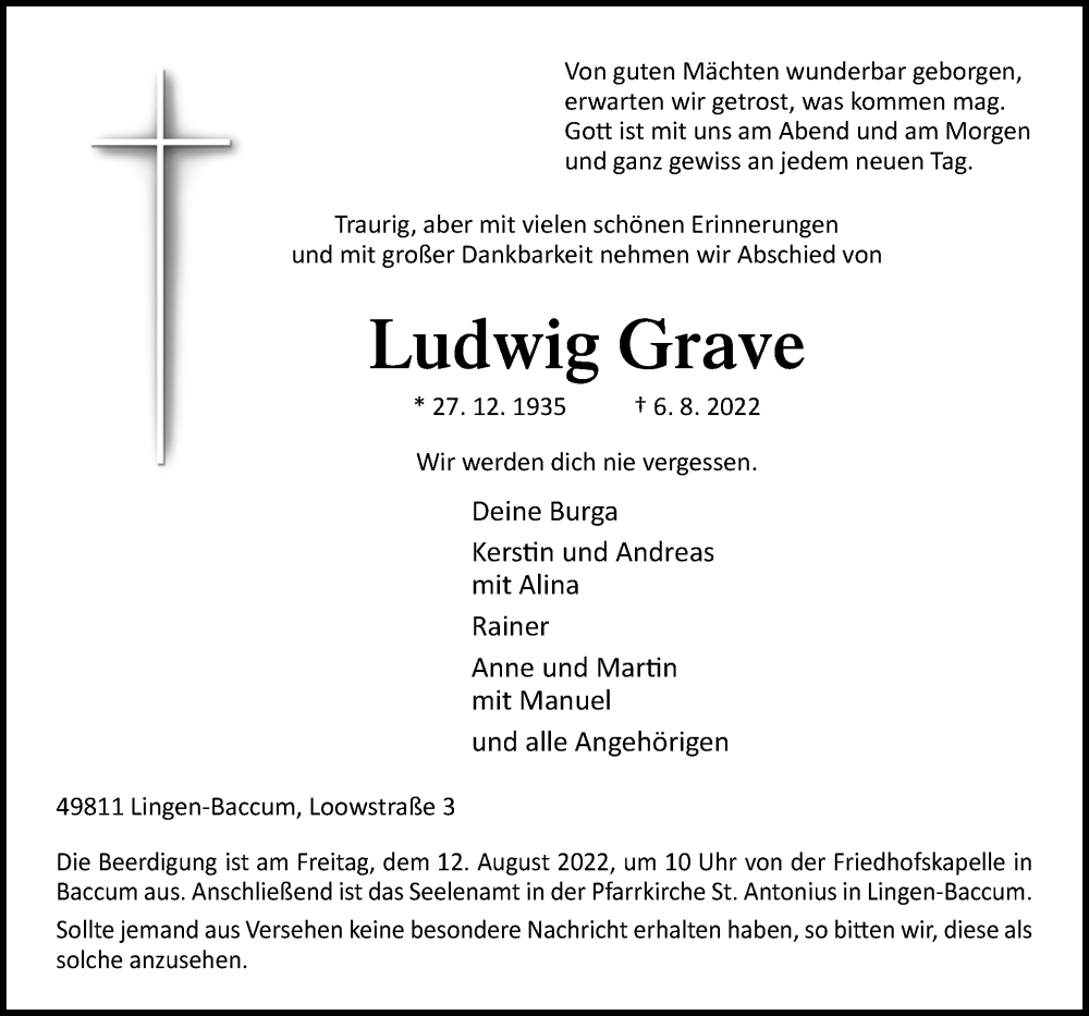 Traueranzeige für Ludwig Grave vom 10.08.2022 aus Neue Osnabrücker Zeitung GmbH & Co. KG