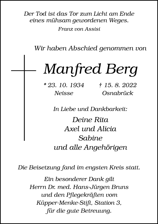 Traueranzeige von Manfred Berg von Neue Osnabrücker Zeitung GmbH & Co. KG