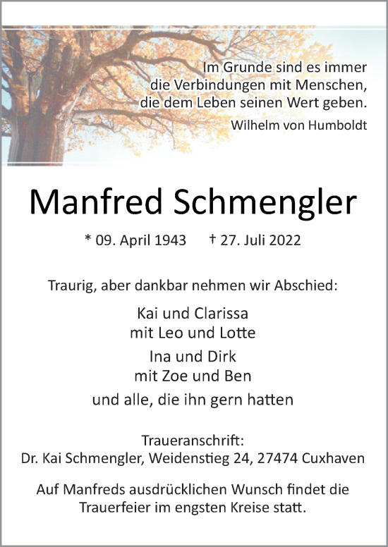 Traueranzeige von Manfred Schmengler von Neue Osnabrücker Zeitung GmbH & Co. KG