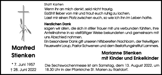 Traueranzeige von Manfred Stienken von Neue Osnabrücker Zeitung GmbH & Co. KG