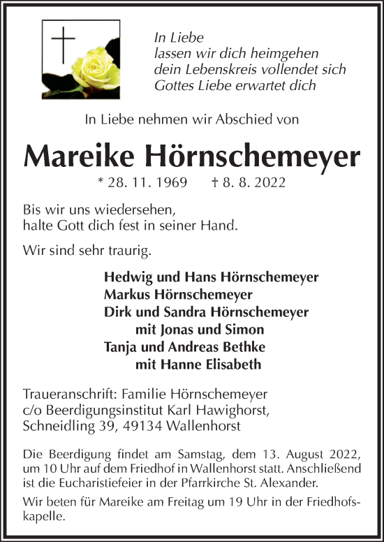 Traueranzeige von Mareike Hörnschemeyer von Neue Osnabrücker Zeitung GmbH & Co. KG
