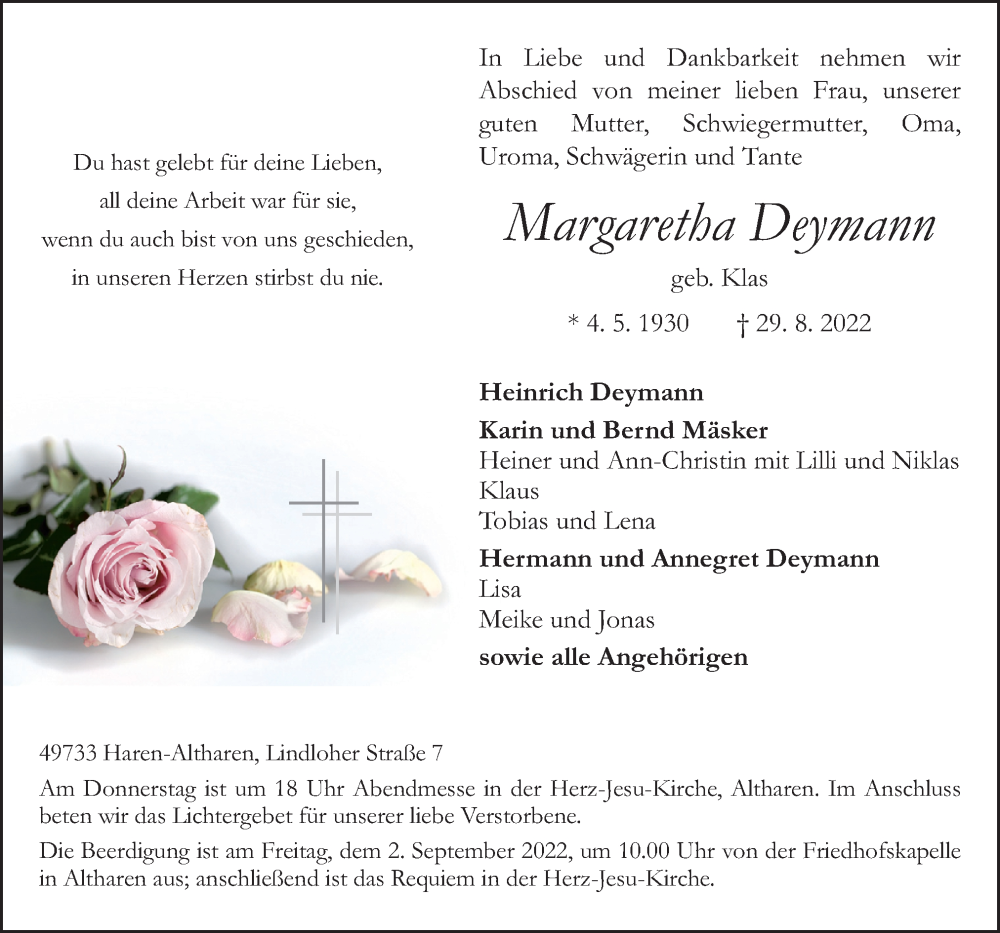  Traueranzeige für Margaretha Deymann vom 31.08.2022 aus Neue Osnabrücker Zeitung GmbH & Co. KG