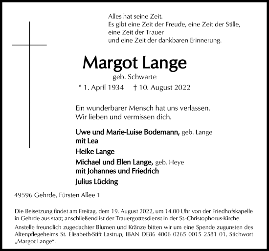 Traueranzeige von Margot Lange von Neue Osnabrücker Zeitung GmbH & Co. KG