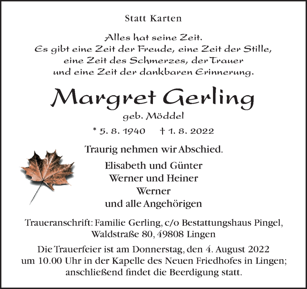  Traueranzeige für Margret Gerling vom 03.08.2022 aus Neue Osnabrücker Zeitung GmbH & Co. KG