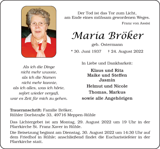 Traueranzeige von Maria Bröker von Neue Osnabrücker Zeitung GmbH & Co. KG