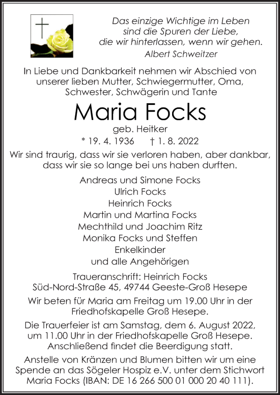 Traueranzeige von Maria Focks von Neue Osnabrücker Zeitung GmbH & Co. KG